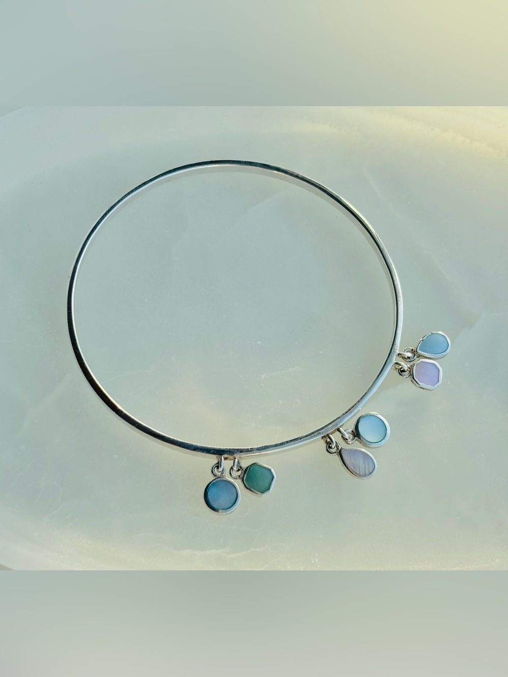 Sterling Silver Bangle Bracelet with Pastel Mother of Pearl Charms